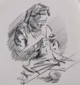 Richard Pusch, Strickerin, 1947, Kreidezeichnung in Schwarz auf beigefarbenem Velin