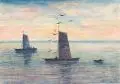 Johann Fritz Westermann, Fischerkähne im Sonnenuntergang, 1964, Aquarell und Kugelschreiberzeichnung