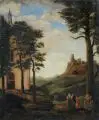 Gottlieb Moritz Julius Fiebiger, Julius Fiebiger (zugeschr.), Prozessionszug mit Burg im Hintergrund / Böhmische Landschaft. Wohl um 1850, Öl auf Leinwand. "Böhmische Landschaft" auf dem Stein u.li undeutlich signiert und bezeichnet "J