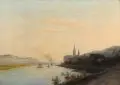 H. Lachnit, Sommerliche Flußlandschaft mit kleinem Dorf. 2. H. 19. Jh, Öl auf Leinwand