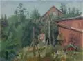 Max Möbius, (zugeschr.), Rotes Landhaus im Sommer. 1950er Jahre, Öl auf Malpappe