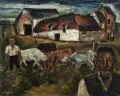 Achille Renoir, Zwei Bauern mit Kühen vor einem Gehöft, 1927, Öl auf Leinwand
