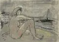 Konrad Maass, Weiblicher Akt am Meer, 1996, Farbkreidezeichnung auf grün gestrichenem Papier