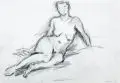 Konrad Maass, Sitzender weiblicher Akt, die Arme aufgestützt, 1982, Graphitzeichnung