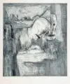 Nuria Quevedo, Drei Figuren vor einer Landschaft, 1977, Farbradierung in Blaugrau