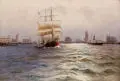 Alfred Jensen, Segler in der Fahrrinne der Wismarbucht. Wohl um 1918, Öl auf Leinwand