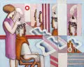 Hans Ticha, Friseursalon II, 1968, Eitempera und Öl auf Leinwand