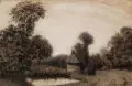 Théodore Frère, Landschaft mit kleinen Bauernhäusern. Wohl um 1870, Kohlestiftzeichnung, partiell weiß gehöht