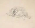 Julius Kost, (zugeschr.), Felsflüchter, Um 1835, Bleistiftzeichnung auf chamoisfarbenem Papier