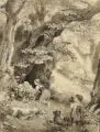 Carl Wilhelm Müller, Spielende Kinder mit Hunden im Wald, 1878, Lavierte Federzeichnung über Blei, partiell weiß gehöht