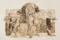 Otto Greiner, Senefelder-Gedenkblatt. (Allegorie auf die Lithographie), 1887, Lithographie mit eingedruckter bräunlich-gelber Tonplatte auf Japan