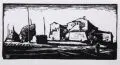 Herbert Tucholski, Landschaft mit Gehöft. Wohl nach 1930, Holzschnitt auf Velin, in eine Trauerkarte eingelegt