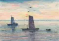 Johann Fritz Westermann, Fischerkähne im Sonnenuntergang, 1964, Aquarell und Kugelschreiberzeichnung