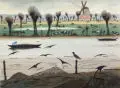Johann Fritz Westermann, Fischer und Viehbauern in einer Landschaft, 1965, Aquarell auf festem Papier