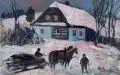 František Emler, Fällergespann vor Umgebindehaus im Winter. Ohne Jahr, Öl auf Karton