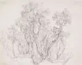 Viktor Paul Mohn, Victor Paul Mohn (zugeschr.), Waldstudie mit rastendem Knaben im Vordergrund. 2. H. 19. Jh, Bleistiftzeichnung