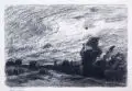 Ludwig Willroider, Stürmische Landschaft. 2. H. 19. Jh, Kohlestiftzeichnung auf dünnem Bütten, vollständig auf Untersatzpapier montiert