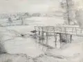 Hermann Lasch, (zugeschr.), Flußandschaft mit Brücke. 19. Jh, Graphitzeichnung auf gräulichem Papier, auf Malpappe kaschiert (?)