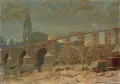 Siegfried Donndorf, Brückenbau zu der Augustusbrücke, 1947, Öl auf Malpappe