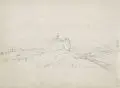 Ferdinand von Rayski, (zugeschr.), Landschaft mit Ruine. Mitte 19. Jh, Bleistiftzeichnung auf Bütten mit Wasserzeichen (Spiegelmonogramm)