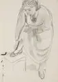 Johannes Beutner, Hilde bei der Schuhprobe. Wohl 1950er Jahre, Graphitzeichnung auf Zeichenpapier