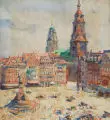 Johannes Paul Ufer, Altmarkt & Kreuzkirche, Um 1910, Aquarelle auf Papier, auf festen Karton montiert