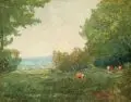 August [Karl Martin] Splitgerber, Waldlichtung mit äsenden Rehen. Spätes 19. Jh, Öl auf Malpappe
