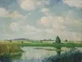 Wilhelm Eller, Weite Landschaft mit kleinem Weiher und Dorf. Ohne Jahr, Öl auf Leinwand