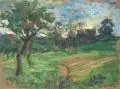 Emilie von Palmenberg, Spätsommerliche Landschaft mit Streuobstwiesen. 1. Viertel 20. Jh, Öl auf festem Papier