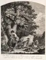 Johann Elias Ridinger, Der Hase wird behäzt..., 1750, Kupferstich auf grauem, faserigen Bütten