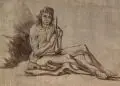 Johann Georg Wagner, Pan mit Flöte. Wohl nach 1760, Lavierte Federzeichnung in grauer Tusche auf Bütten, auf Untersatzkarton montiert