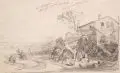 Johann Heinrich Bürkel, Osteria bei Rom. Mitte 19. Jh, Bleistiftzeichnung auf Bütten mit Wasserzeichen (Mensch mit Stab in der Hand?)