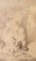 Franz Maria Ingenmey, Rastendes Mädchen am Waldquell, 1860, Bleistiftzeichnung
