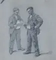Max Handrick, Zeitunglesende Arbeiter, Um 1910, Bleistiftzeichnung, weiß gehöht, auf grauem Papier