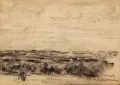 Max Liebermann, Dünenlandschaft bei Noordwijk mit weiblicher Figur, Um 1907, Kohlezeichnungen