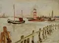 Erhard Hippold, Mole in Warnemünde, 1958, Öl über Bleistift auf Hartfaserplatte