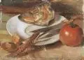 Karl Papesch, Stilleben mit Tomate und Fischkopf. Ohne Jahr, Öl auf Sperrholz