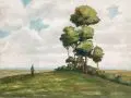 Alfred Schmidt, Sommerliche Felderlandschaft mit Spaziergänger. Ohne Jahr, Öl auf Holz