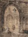 Hermann Kraemer, (zugeschr.), Gotischer Innenhof mit Genreszene. 19. Jh, Kohlezeichnung und Graphit, weiß gehöht