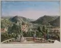 Gustav Täubert, Ansicht von Tharand vom Königsplatz im Forstgarten, Um 1860, Umrißradierung, koloriert