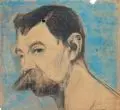 Otto Greiner, Portrait eines Mannes mit Schnauzbart. Ohne Jahr, Farbkreidezeichnung und Federzeichnung in Tusche auf "PATENT G & F M"-Bütten