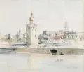 Max Rabes, Sevilla, 1906, Graphitzeichnung, aquarelliert, auf Bütten