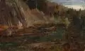 Heinrich Heinlein, Alpenbach mit Hirsch. Wohl um 1860, Öl auf Malpappe