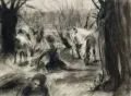 Artur Ahnert, Art(h)ur Ahnert, Knaben mit weidenden Ziegen. Ohne Jahr, Kohlezeichnung auf festem Papier