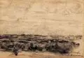 Max Liebermann, Dünenlandschaft bei Noordwijk mit weiblicher Figur, Um 1907, Kohlezeichnungen