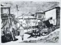 Erhard Hippold, Bulgarisches Dorf, 1964, Lithographie auf chamoisfarbenem, dünnen Velin mit Prägestempel der "Schreiter-Presse" u.li