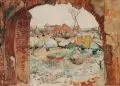 Paul Leuteritz, Ruinen vor einem Dorf, 1916, Aquarell über Blei auf Aquarellpapier, auf Karton kaschiert