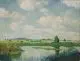 Wilhelm Eller, Weite Landschaft mit kleinem Weiher und Dorf. Ohne Jahr, Öl auf Leinwand