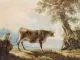 Jan Siberechts, Flöte spielender Hirte mit Rind vor einer Mittelgebirgslandschaft. Frühes 19. Jh, Aquarell auf festem Bütten