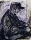 Hans Körnig, Sitzender Arbeiter nach links, 1950, Farbkreidezeichnung in Schwarz und Violett auf "Zanders"-Bütten